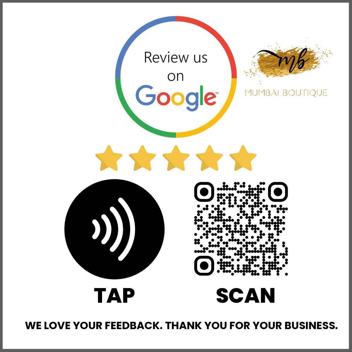 Mumbai Boutique Google review card with NFC tap and QR scan
